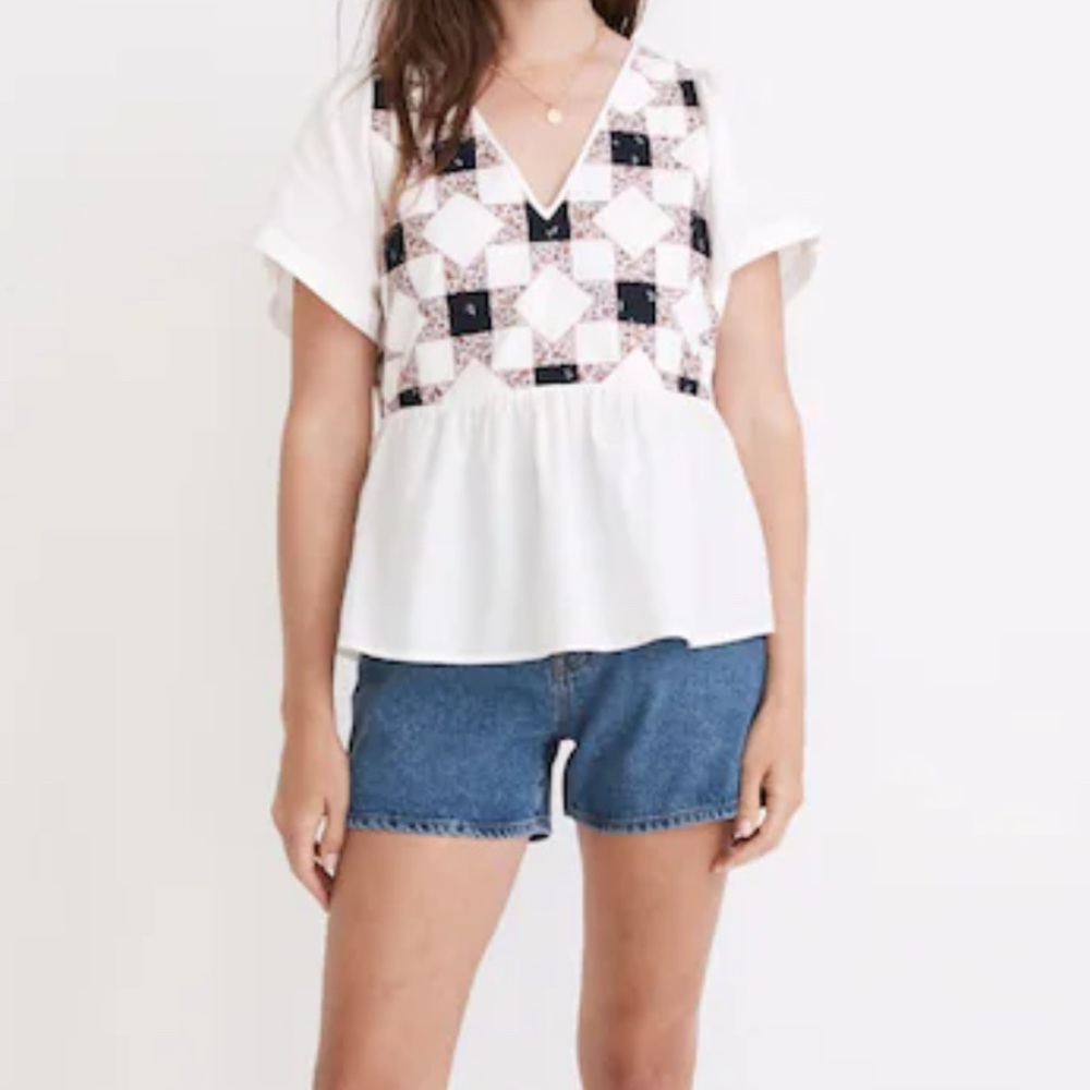 Madewell Flutter-Sleeve Peplum Top in Patchwork Quilt XL